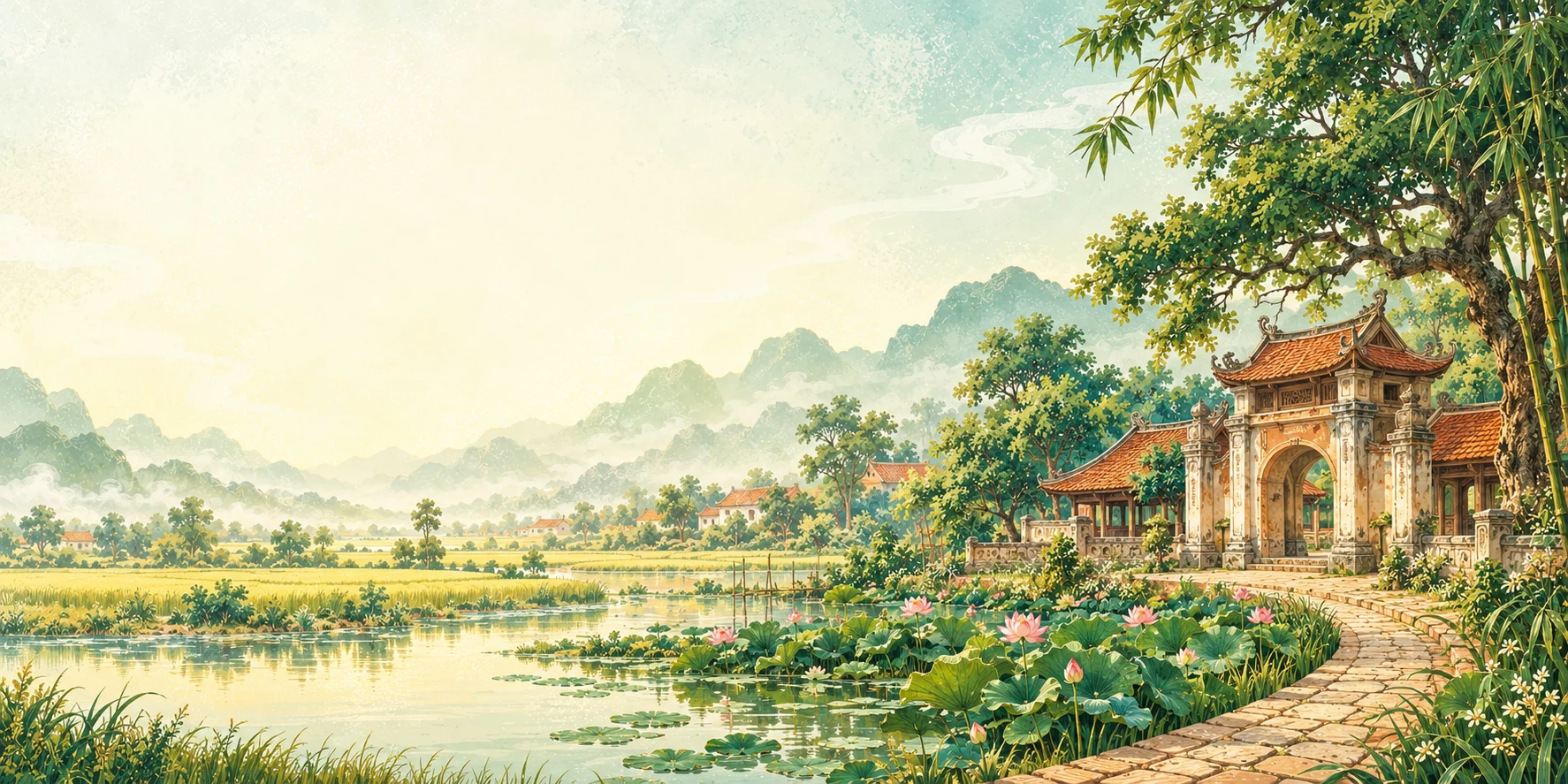 Tranh vẽ mái đình, cổng làng và hồ sen trong sắc xanh dịu của làng Việt